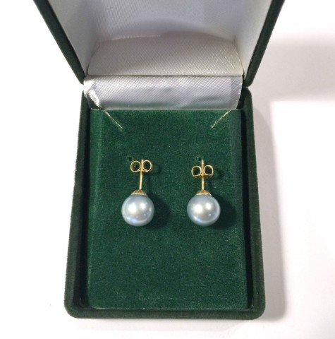 14k Gold, 9.5mm Grey Pearl earrings